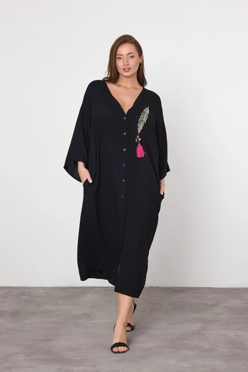 Maxi Boy Siyah Nakış İşlemeli Dokuma Viscon Elbise BCVL-25V039