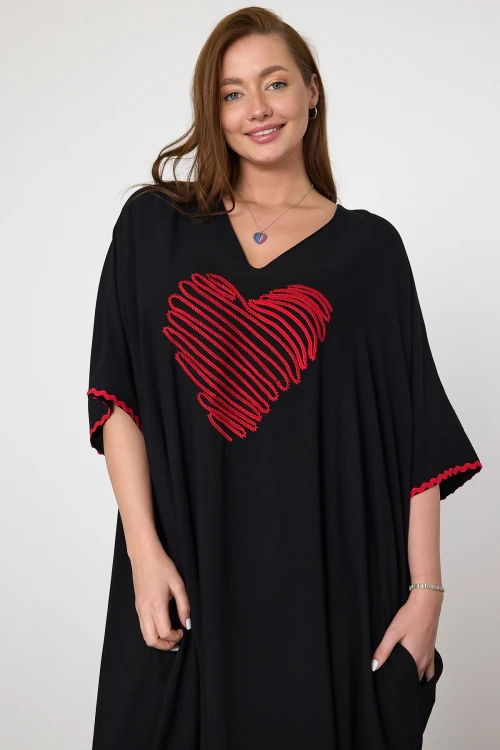 Maxi Boy Siyah Nakış İşlemeli Dokuma Viscon Elbise BCVL-25V034