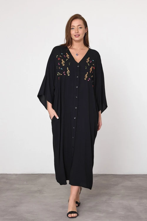 Maxi Boy Siyah Nakış İşlemeli Dokuma Viscon Elbise BCVL-25V040