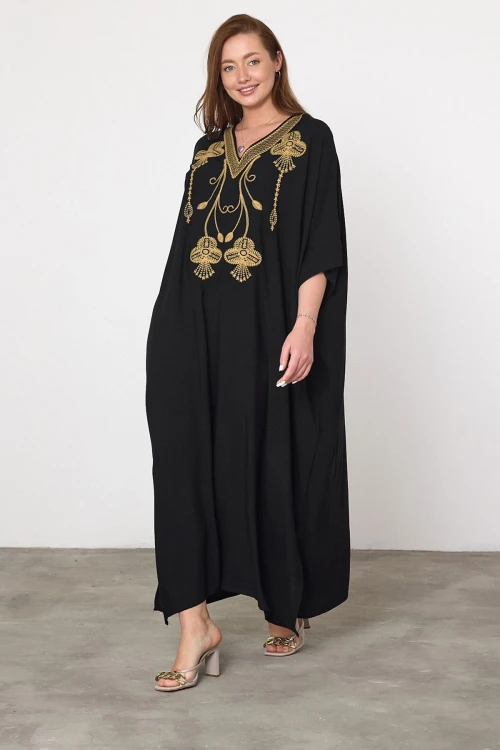 Maxi Boy Siyah Nakış İşlemeli Dokuma Viscon Elbise BCVL-25V045