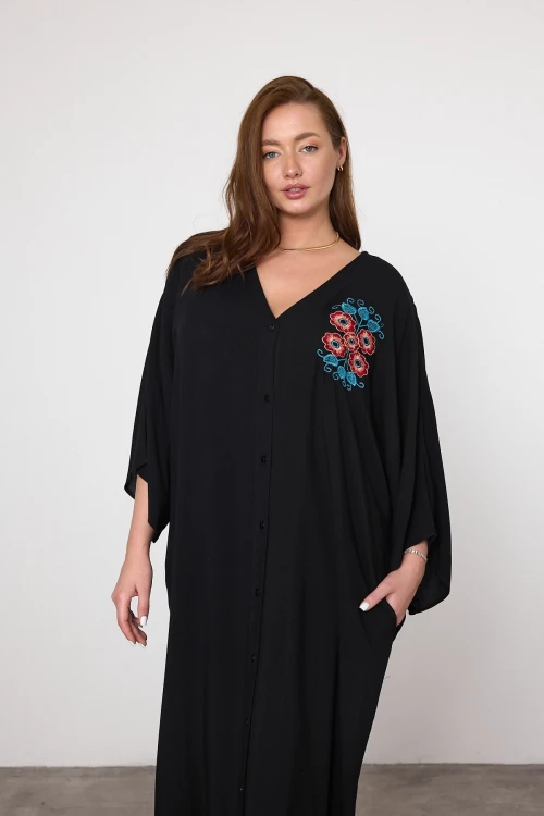 Maxi Boy Siyah Nakış İşlemeli Dokuma Viscon Elbise BCVL-25V038