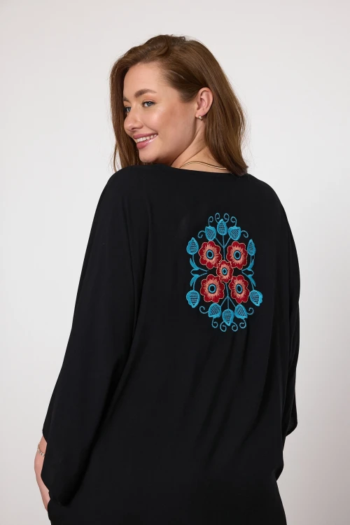 Maxi Boy Siyah Nakış İşlemeli Dokuma Viscon Elbise BCVL-25V038