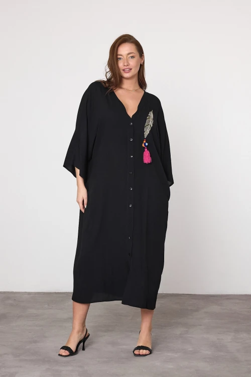 Maxi Boy Siyah Nakış İşlemeli Dokuma Viscon Elbise BCVL-25V039