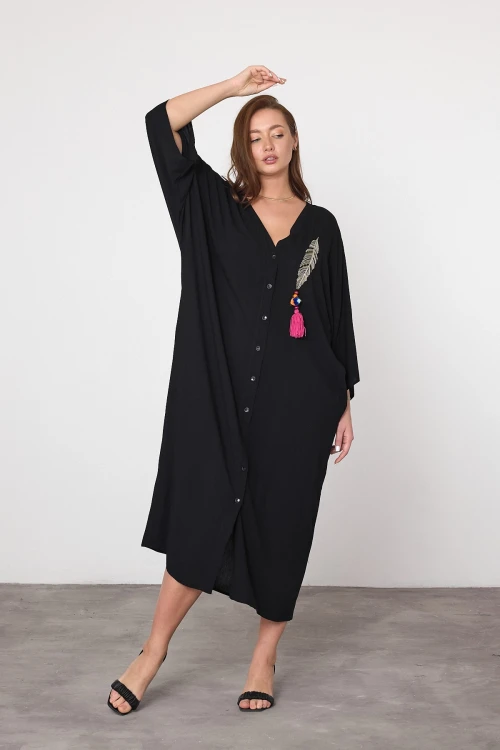 Maxi Boy Siyah Nakış İşlemeli Dokuma Viscon Elbise BCVL-25V039