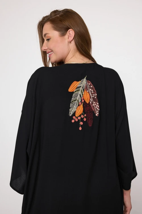 Maxi Boy Siyah Nakış İşlemeli Dokuma Viscon Elbise BCVL-25V039