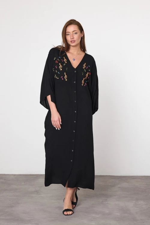 Maxi Boy Siyah Nakış İşlemeli Dokuma Viscon Elbise BCVL-25V040