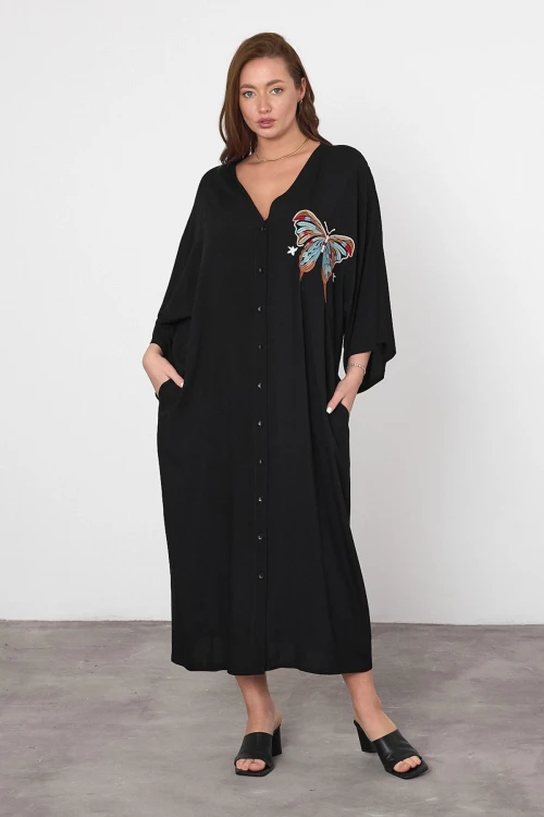 Maxi Boy Siyah Nakış İşlemeli Dokuma Viscon Elbise BCVL-25V048