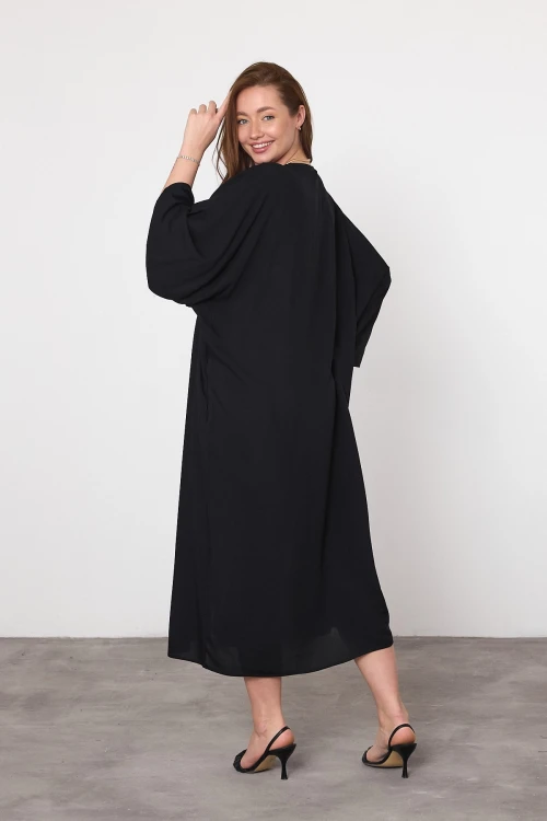 Maxi Boy Siyah Nakış İşlemeli Dokuma Viscon Elbise BCVL-25V042