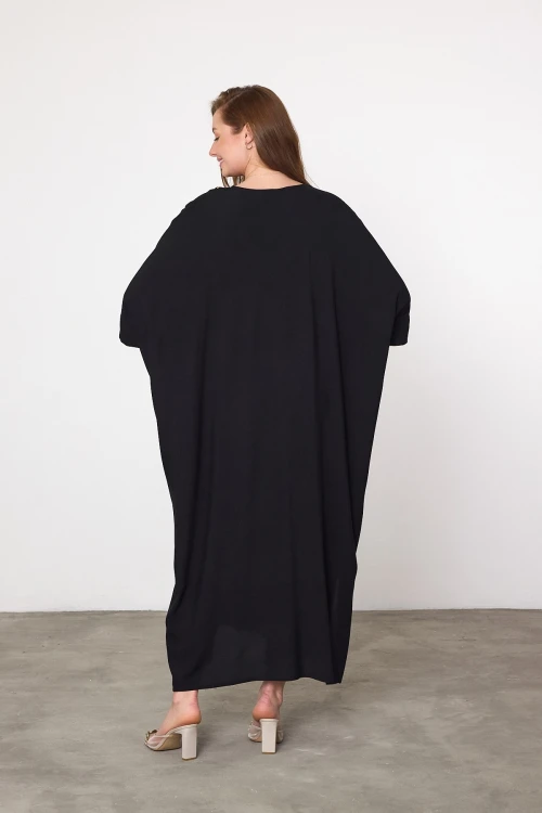 Maxi Boy Siyah Nakış İşlemeli Dokuma Viscon Elbise BCVL-25V045