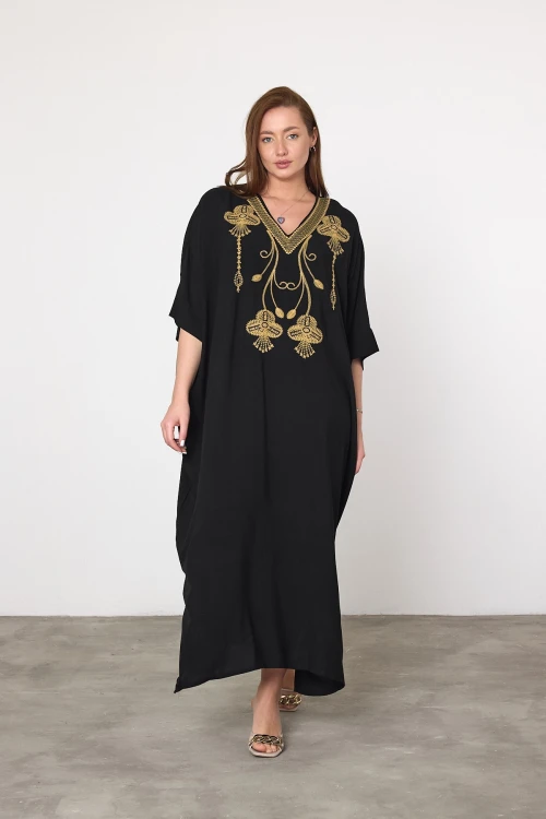 Maxi Boy Siyah Nakış İşlemeli Dokuma Viscon Elbise BCVL-25V045