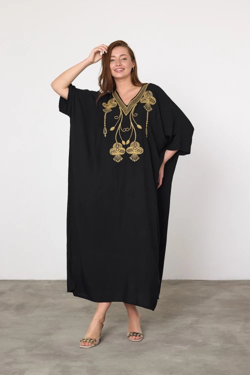 Maxi Boy Siyah Nakış İşlemeli Dokuma Viscon Elbise BCVL-25V045