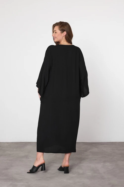 Maxi Boy Siyah Nakış İşlemeli Dokuma Viscon Elbise BCVL-25V048