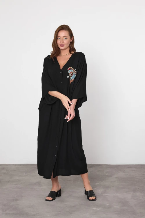 Maxi Boy Siyah Nakış İşlemeli Dokuma Viscon Elbise BCVL-25V048