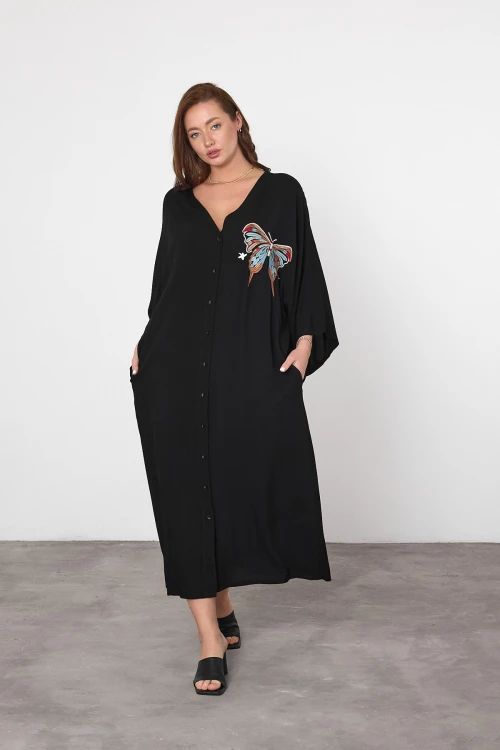 Maxi Boy Siyah Nakış İşlemeli Dokuma Viscon Elbise BCVL-25V048