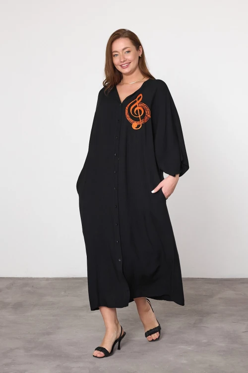 Maxi Boy Siyah Nakış İşlemeli Dokuma Viscon Elbise BCVL-25V050