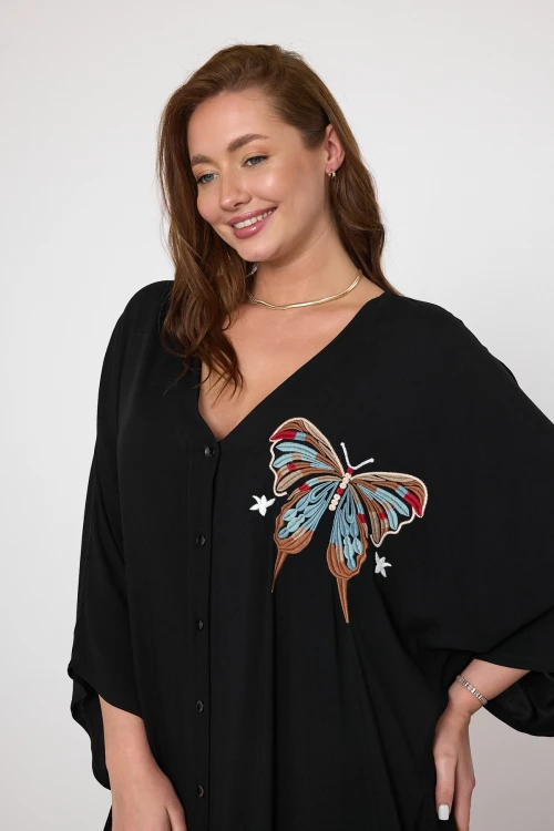 Maxi Boy Siyah Nakış İşlemeli Dokuma Viscon Elbise BCVL-25V048