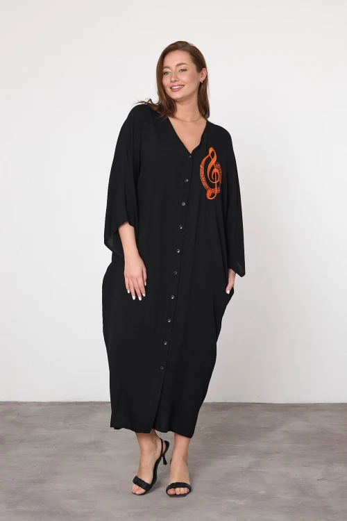 Maxi Boy Siyah Nakış İşlemeli Dokuma Viscon Elbise BCVL-25V050