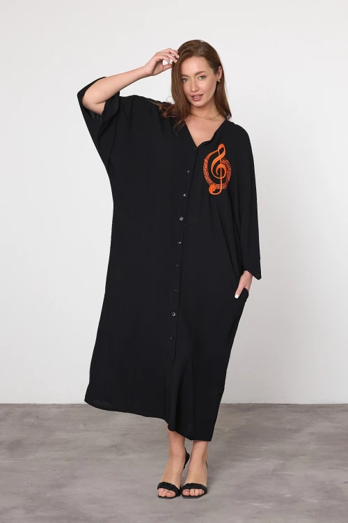 Maxi Boy Siyah Nakış İşlemeli Dokuma Viscon Elbise BCVL-25V050