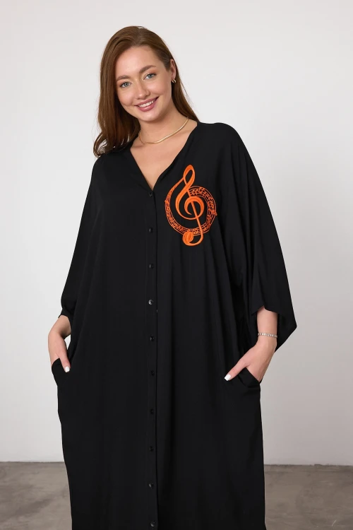 Maxi Boy Siyah Nakış İşlemeli Dokuma Viscon Elbise BCVL-25V050