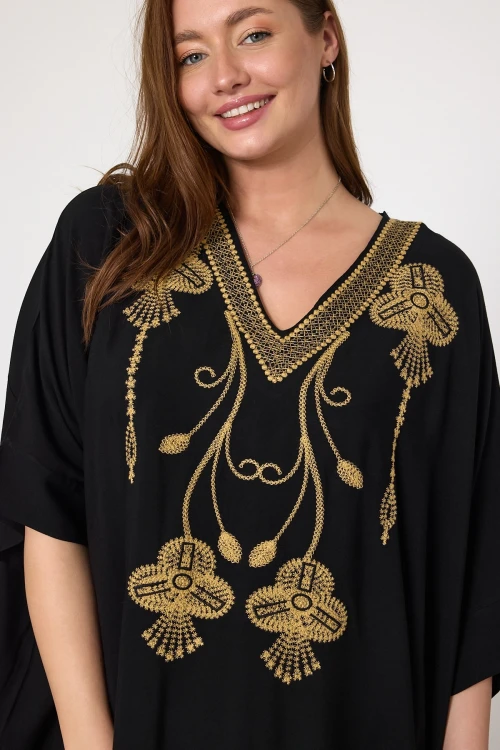 Maxi Boy Siyah Nakış İşlemeli Dokuma Viscon Elbise BCVL-25V045