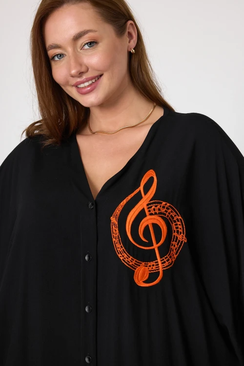 Maxi Boy Siyah Nakış İşlemeli Dokuma Viscon Elbise BCVL-25V050