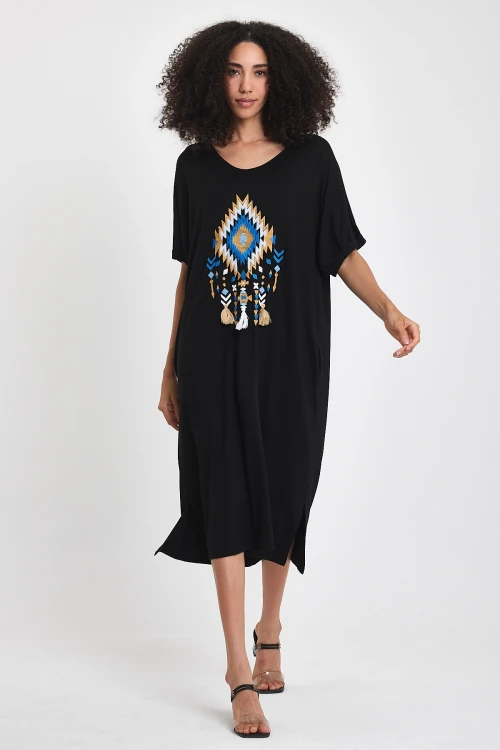 Maxi Boy Siyah Nakış İşlemeli Örme Viscon Elbise BCVL-251024