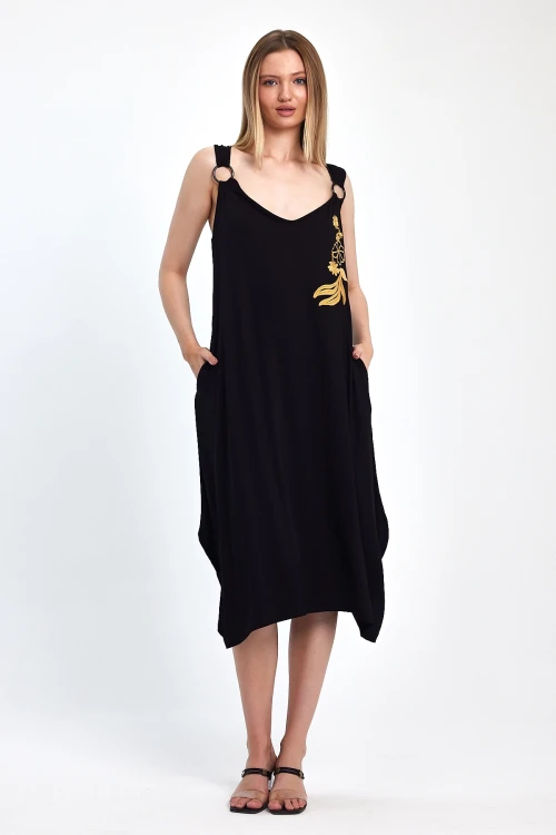 Maxi Boy Siyah Nakış İşlemeli Örme Viscon Elbise BCVL-251039