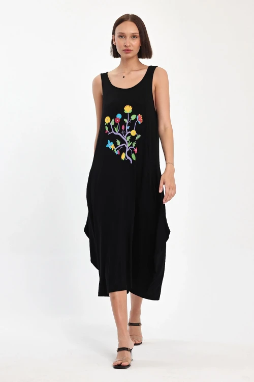 Maxi Boy Siyah Nakış İşlemeli Örme Viscon Elbise BCVL-251050