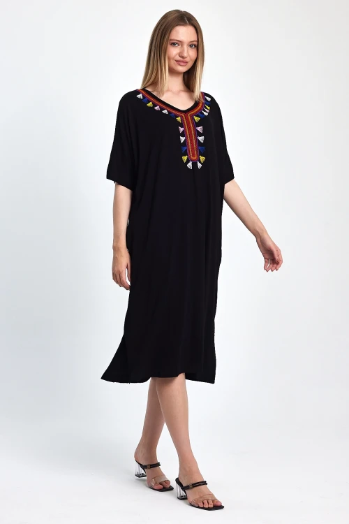 Maxi Boy Siyah Nakış İşlemeli Örme Viscon Elbise BCVL-251053