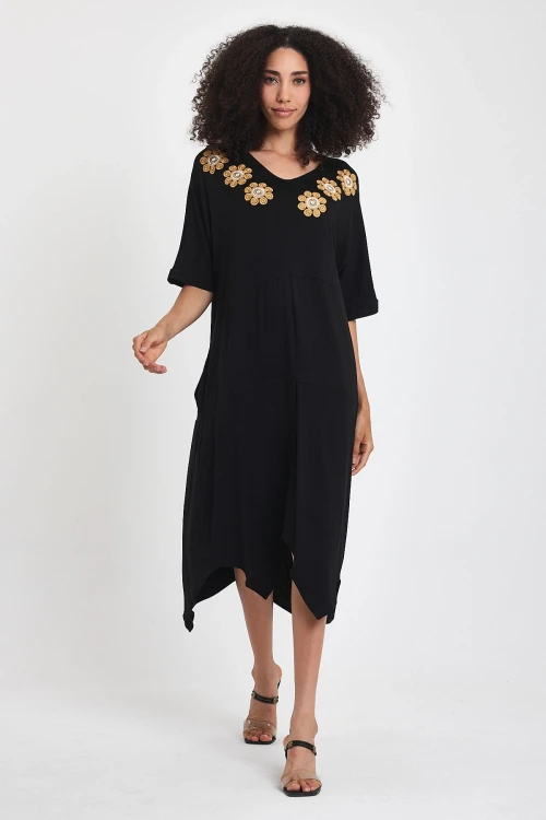 Maxi Boy Siyah Nakış İşlemeli Örme Viscon Elbise BCVL-251064