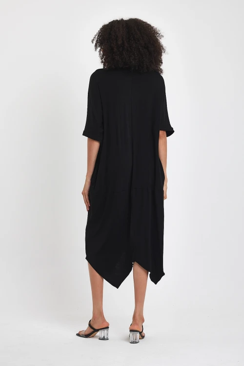 Maxi Boy Siyah Nakış İşlemeli Örme Viscon Elbise BCVL-251064