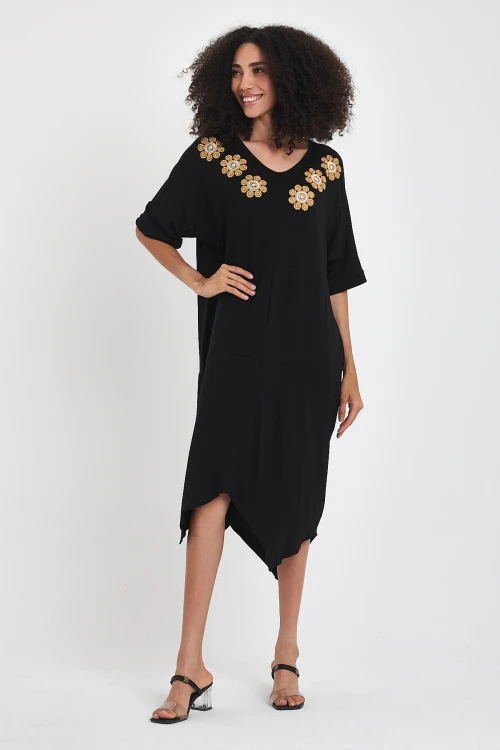 Maxi Boy Siyah Nakış İşlemeli Örme Viscon Elbise BCVL-251064