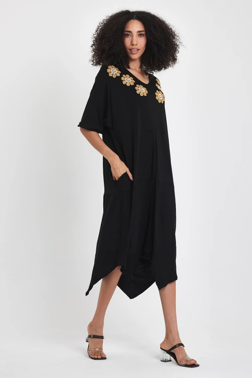 Maxi Boy Siyah Nakış İşlemeli Örme Viscon Elbise BCVL-251064