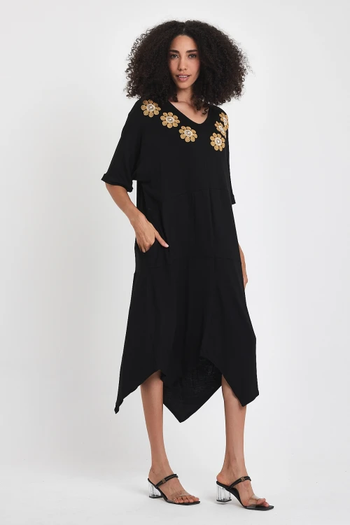 Maxi Boy Siyah Nakış İşlemeli Örme Viscon Elbise BCVL-251064