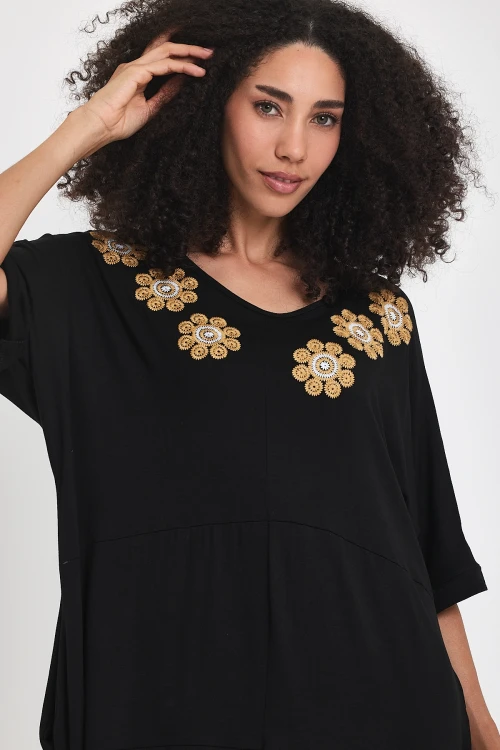 Maxi Boy Siyah Nakış İşlemeli Örme Viscon Elbise BCVL-251064