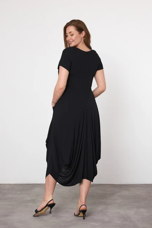 Maxi Boy Siyah Nakış İşlemeli Örme Viscon Elbise BCVL-25V036