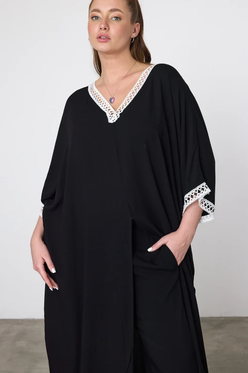 Maxi Boy Siyah Nakış İşlemeli V Yaka Dokuma Viscon Elbise BCVL-251054