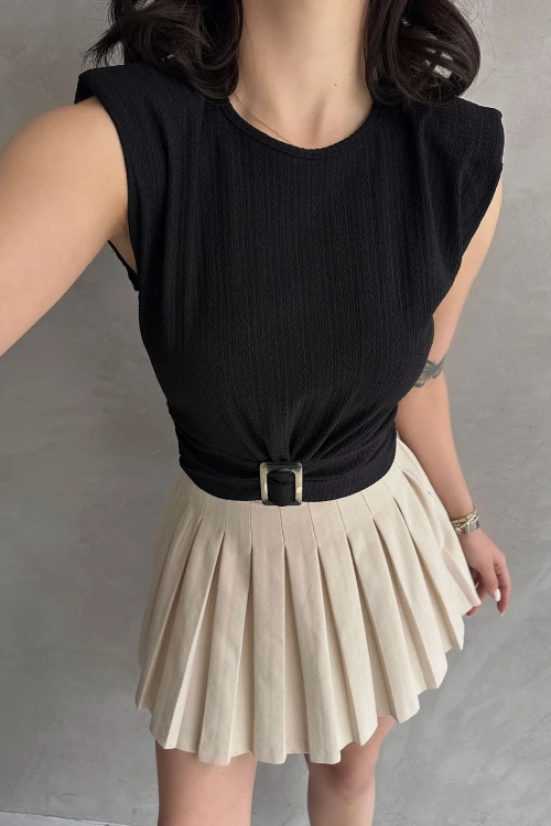 Siyah Omuzu Vatkalı Beli Kemerli Bürümcük Bluz BCDF-252164