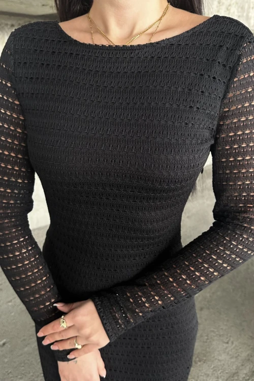 Siyah Sırt Dekolteli File Detaylı Elbise BCDF-252153