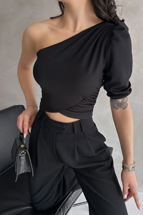 Siyah Tek Omuz Prenses Kol Crep Bluz BCDF-252159
