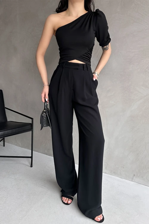 Siyah Tek Omuz Prenses Kol Crep Bluz BCDF-252159