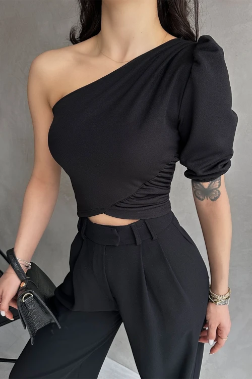 Siyah Tek Omuz Prenses Kol Crep Bluz BCDF-252159