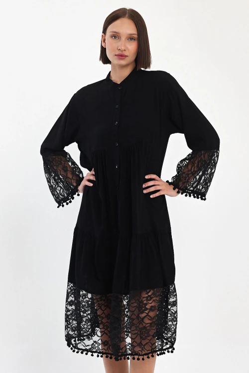 Maxi Boy Siyah Tül Detaylı Uzun Boy Dokuma Viscon Elbise BCVL-25983