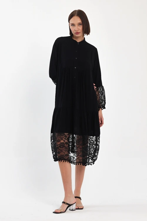 Maxi Boy Siyah Tül Detaylı Uzun Boy Dokuma Viscon Elbise BCVL-25983