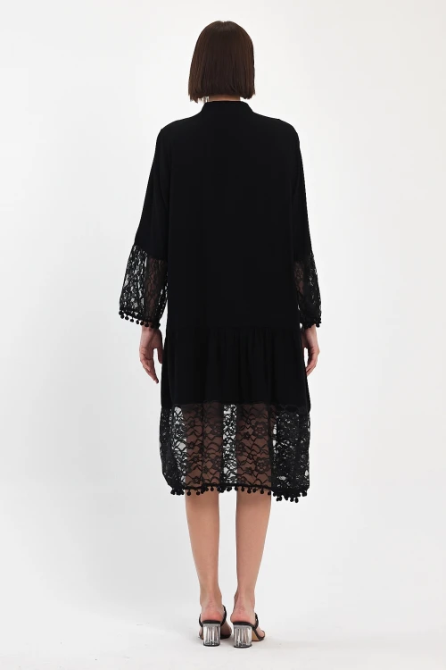 Maxi Boy Siyah Tül Detaylı Uzun Boy Dokuma Viscon Elbise BCVL-25983