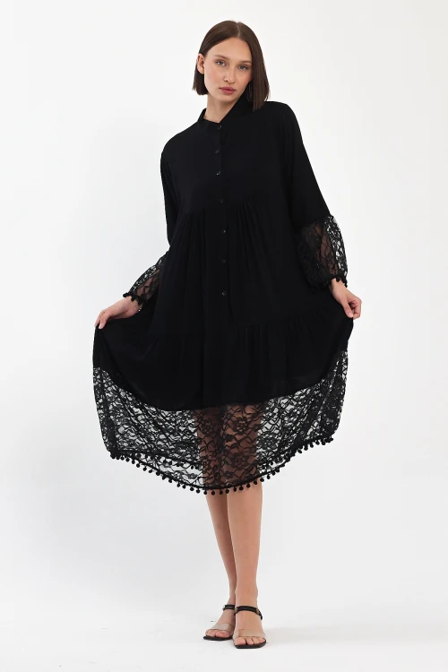 Maxi Boy Siyah Tül Detaylı Uzun Boy Dokuma Viscon Elbise BCVL-25983