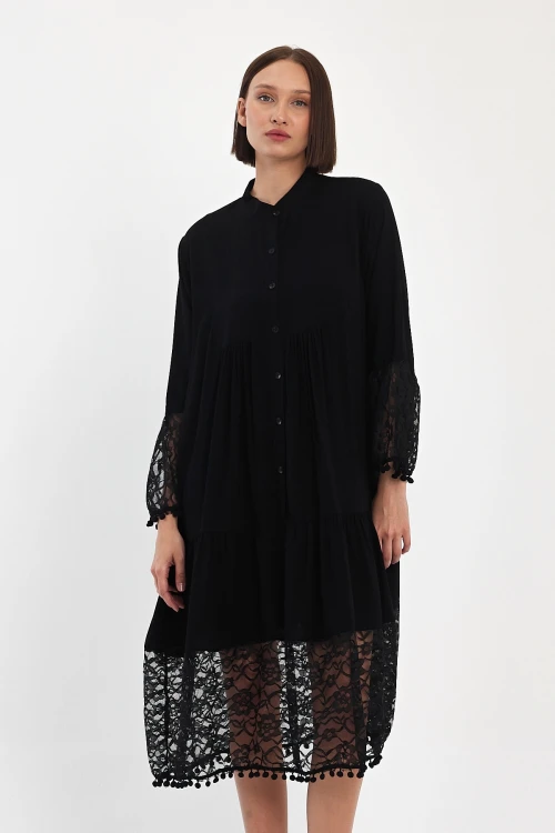 Maxi Boy Siyah Tül Detaylı Uzun Boy Dokuma Viscon Elbise BCVL-25983