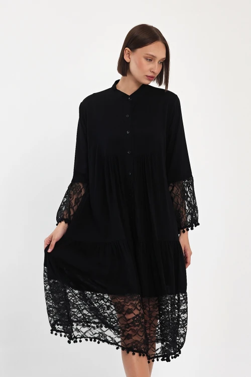 Maxi Boy Siyah Tül Detaylı Uzun Boy Dokuma Viscon Elbise BCVL-25983