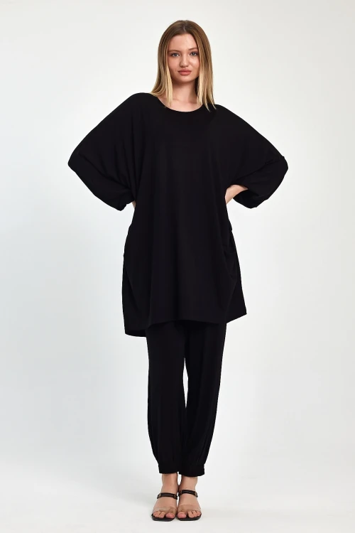 Maxi Boy Siyah Tunik Ve Pantolon Örme Viscon Alt Üst Takım BCVL-251029