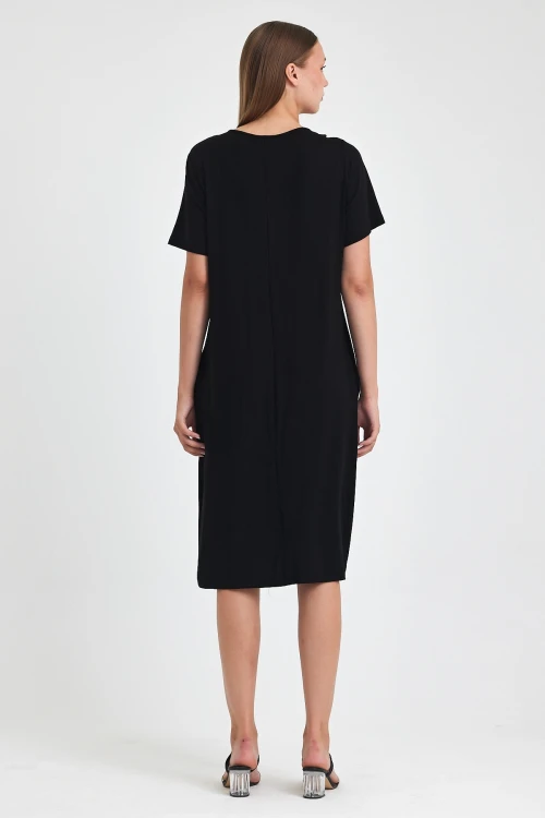 Maxi Boy Siyah Turuncu Nakış İşlemeli Örme Viscon Elbise BCVL-251025